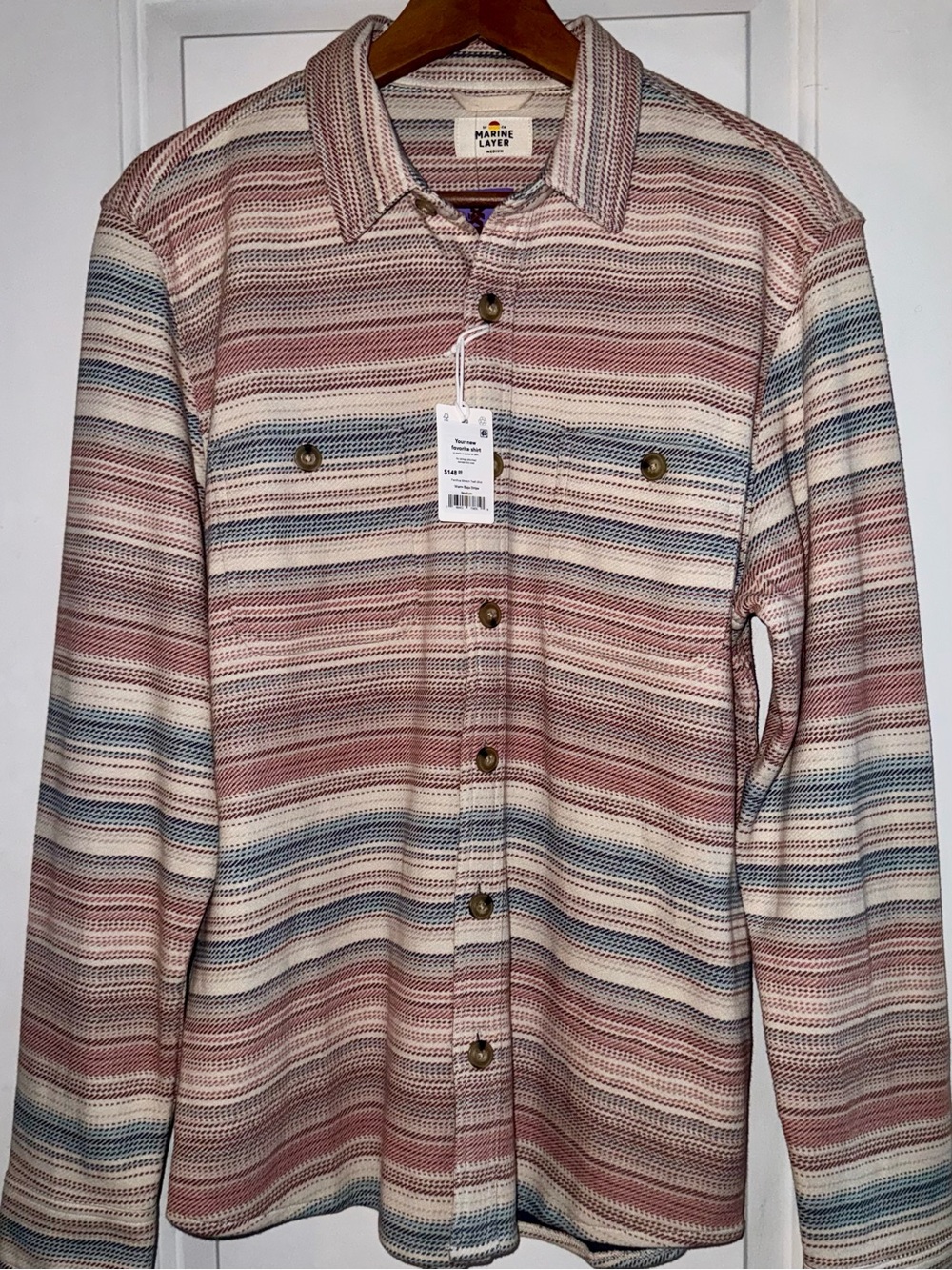Marine Layer NWT Pacifica Stretch Twill Overshirt in Warm Baja Stripe